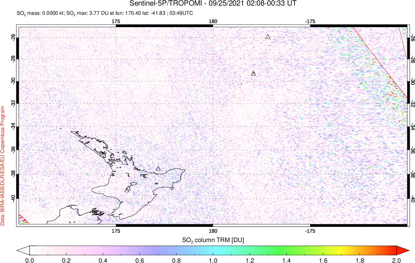 A sulfur dioxide image over New Zealand on Sep 25, 2021.