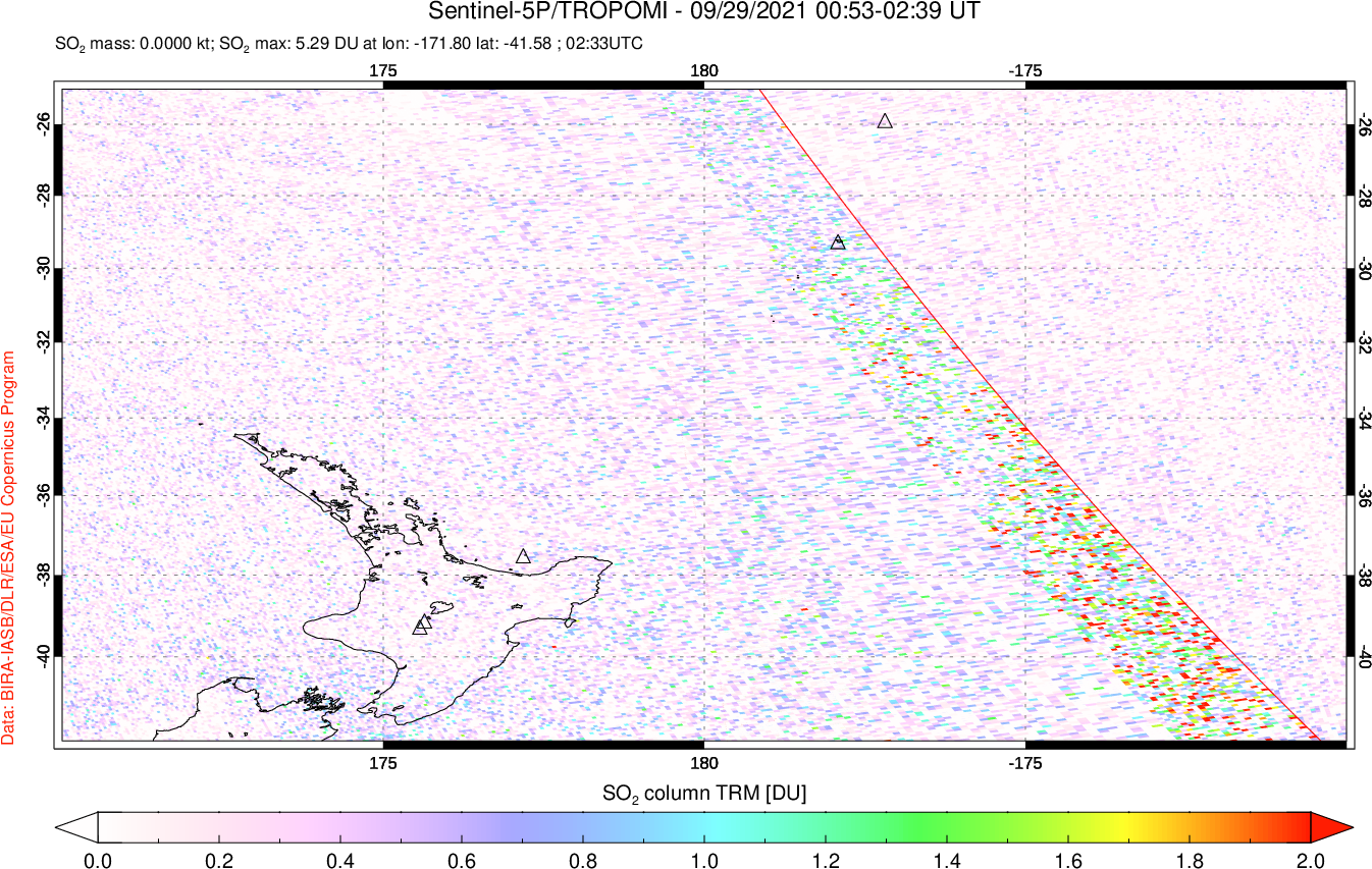 A sulfur dioxide image over New Zealand on Sep 29, 2021.