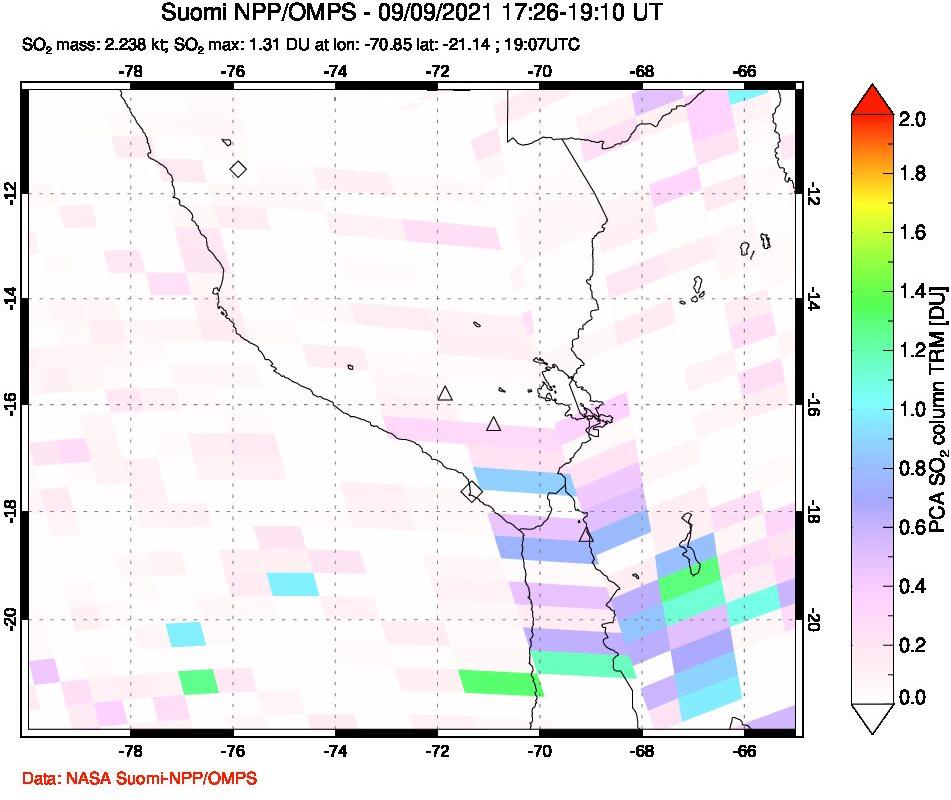 A sulfur dioxide image over Peru on Sep 09, 2021.