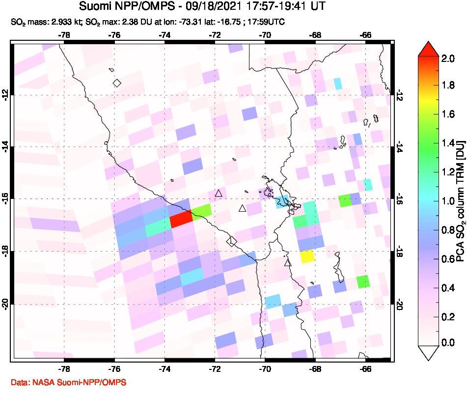 A sulfur dioxide image over Peru on Sep 18, 2021.