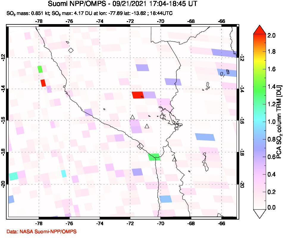 A sulfur dioxide image over Peru on Sep 21, 2021.