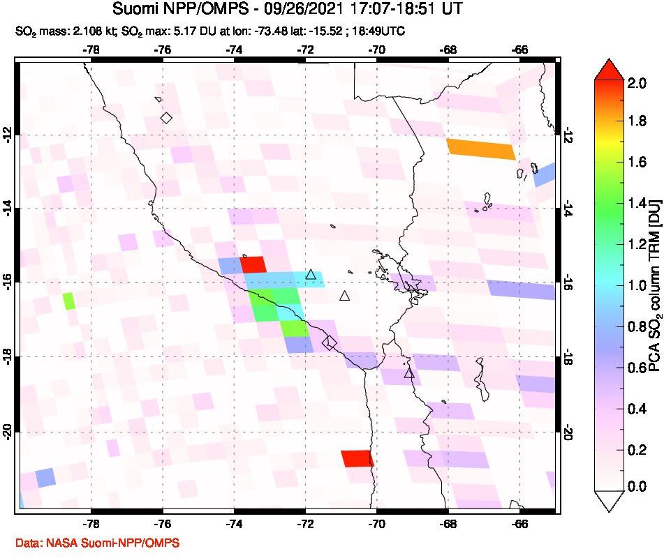 A sulfur dioxide image over Peru on Sep 26, 2021.