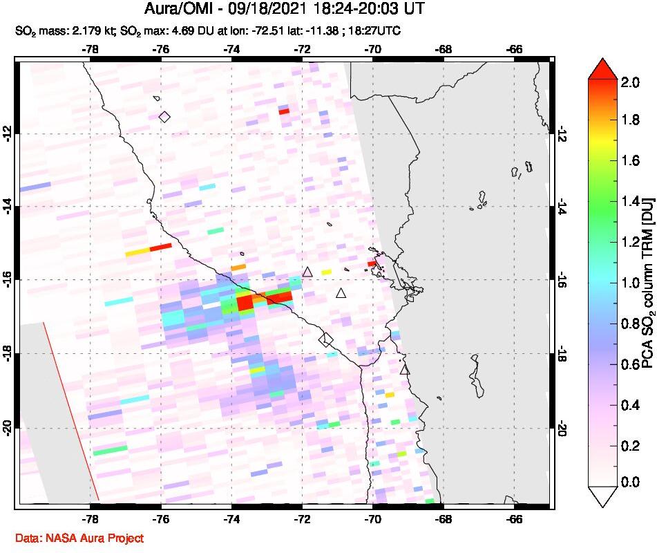 A sulfur dioxide image over Peru on Sep 18, 2021.