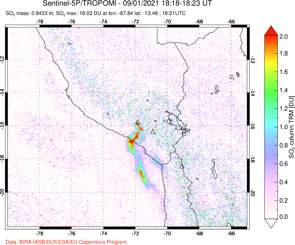 A sulfur dioxide image over Peru on Sep 01, 2021.