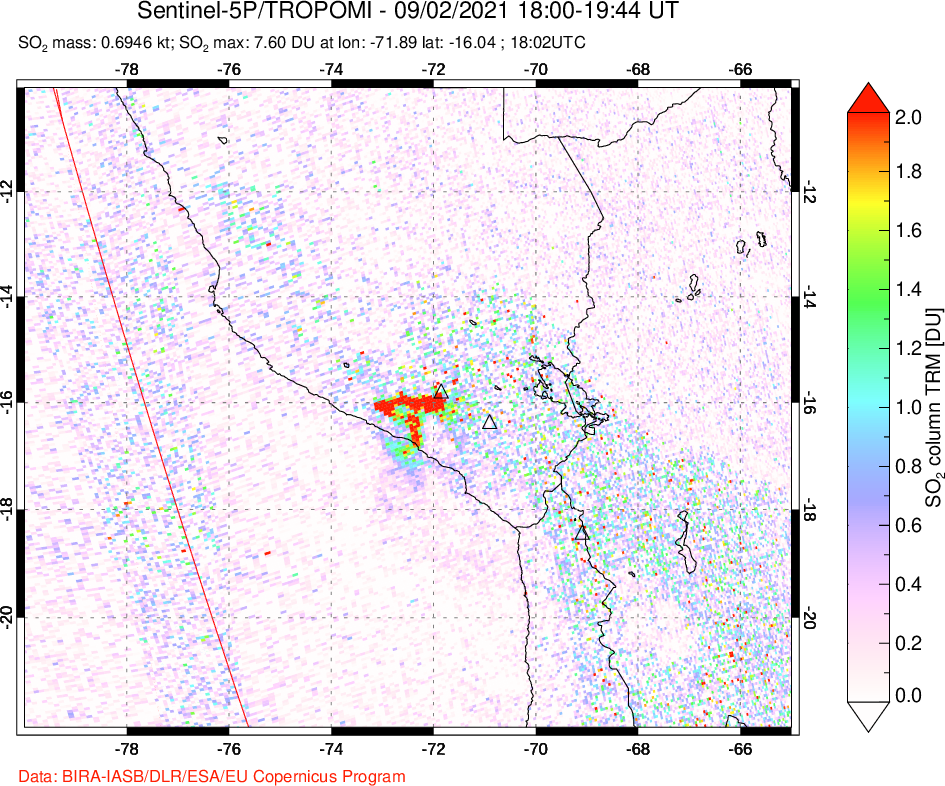 A sulfur dioxide image over Peru on Sep 02, 2021.