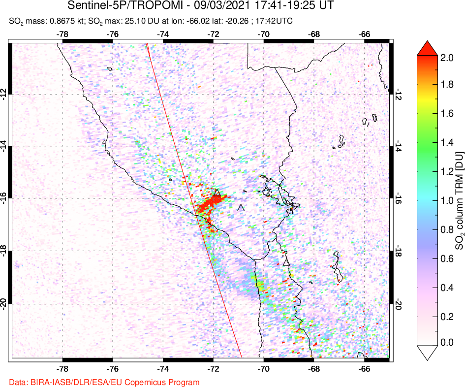 A sulfur dioxide image over Peru on Sep 03, 2021.