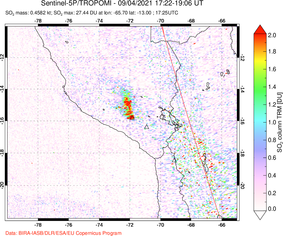 A sulfur dioxide image over Peru on Sep 04, 2021.