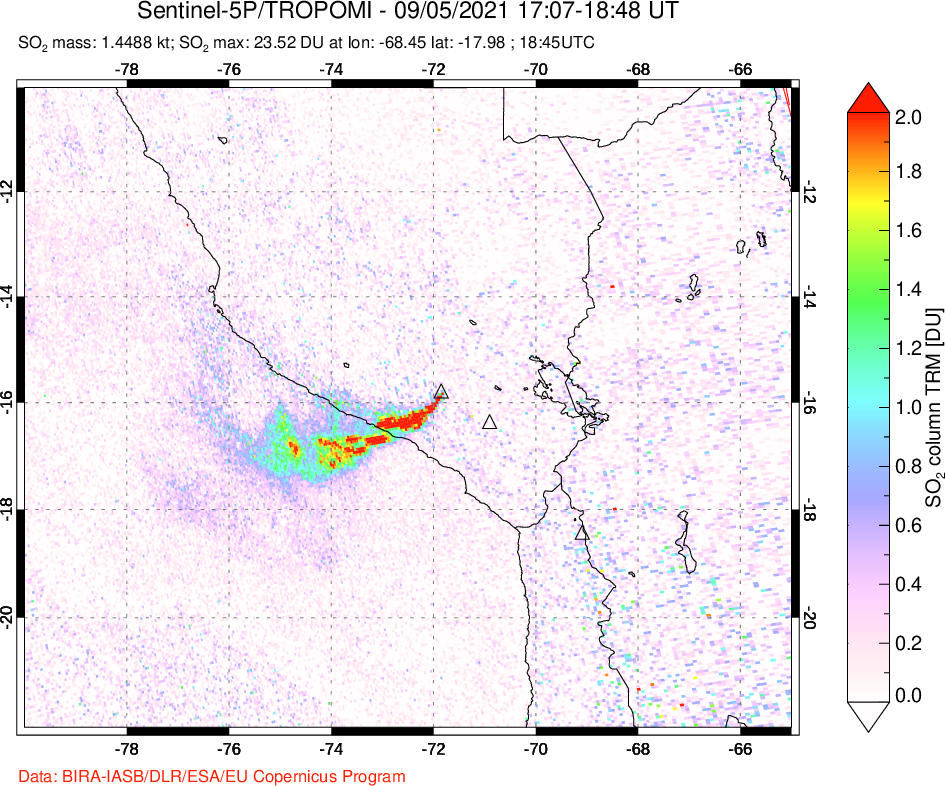 A sulfur dioxide image over Peru on Sep 05, 2021.