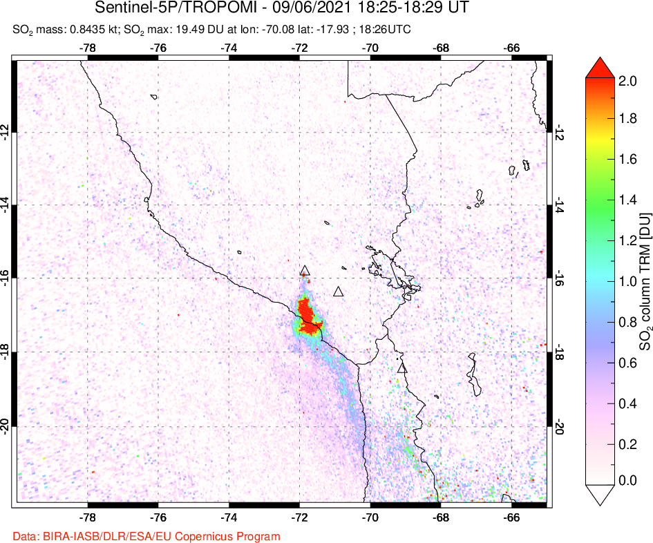 A sulfur dioxide image over Peru on Sep 06, 2021.