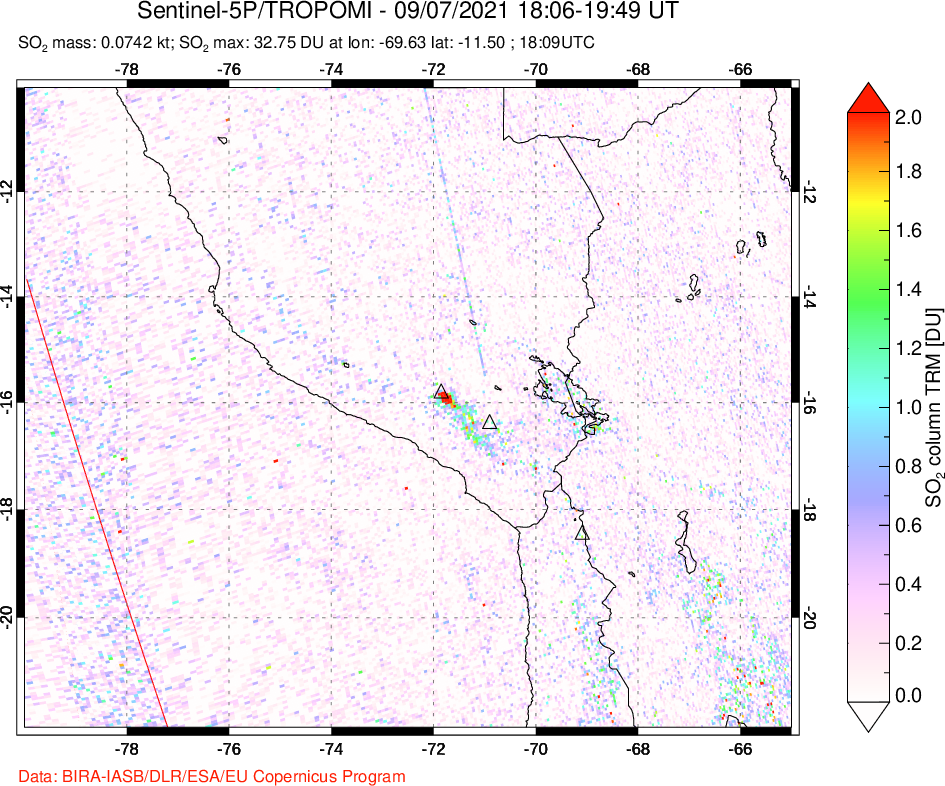 A sulfur dioxide image over Peru on Sep 07, 2021.