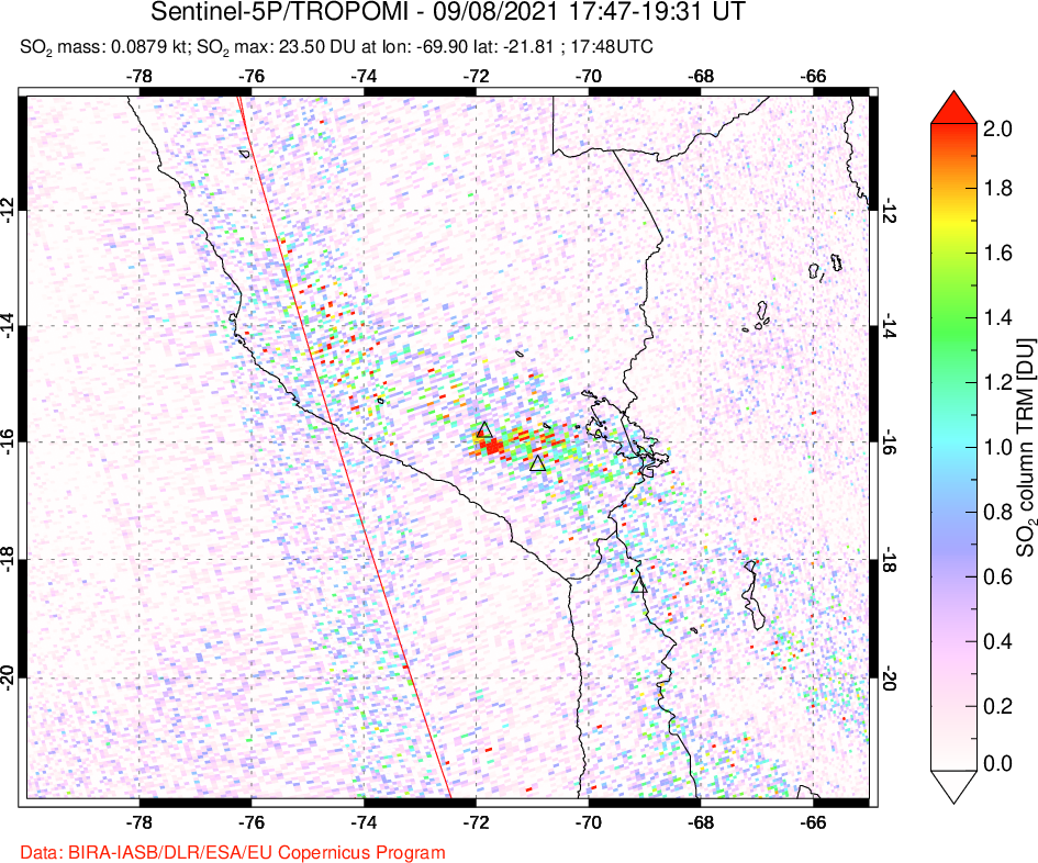 A sulfur dioxide image over Peru on Sep 08, 2021.