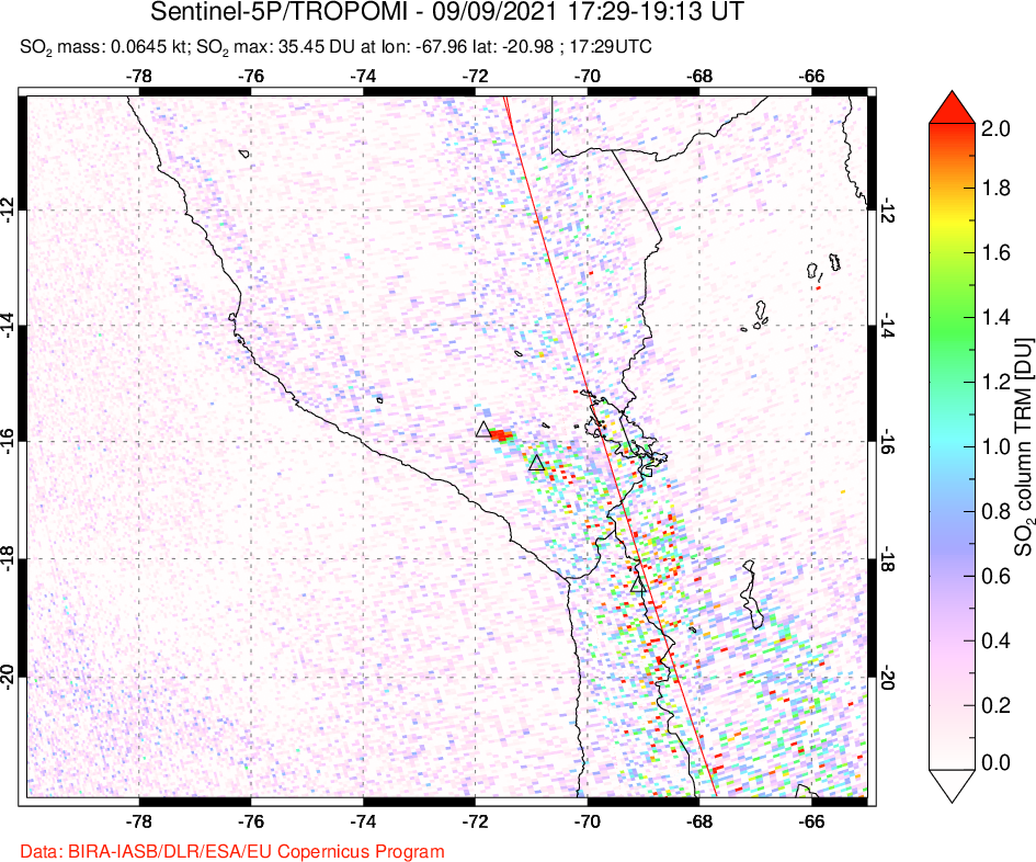 A sulfur dioxide image over Peru on Sep 09, 2021.