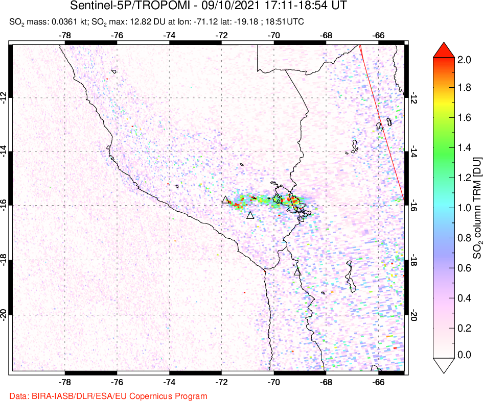 A sulfur dioxide image over Peru on Sep 10, 2021.