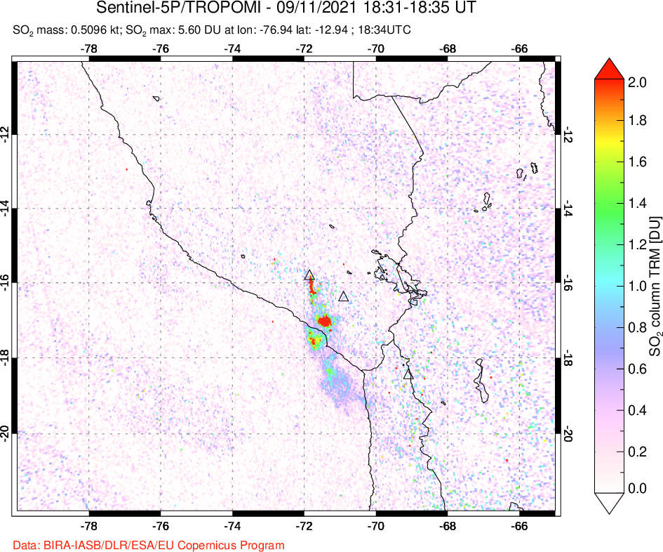 A sulfur dioxide image over Peru on Sep 11, 2021.