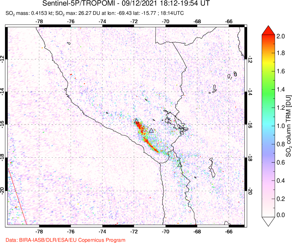 A sulfur dioxide image over Peru on Sep 12, 2021.