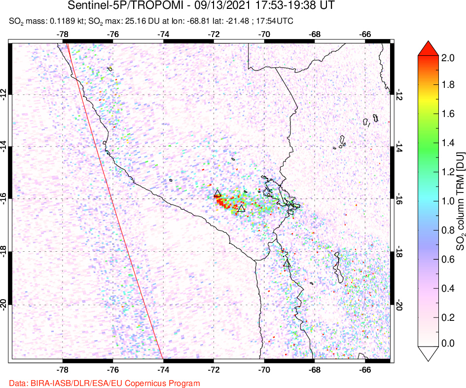A sulfur dioxide image over Peru on Sep 13, 2021.