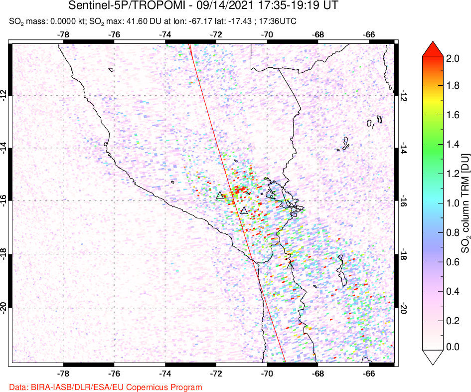 A sulfur dioxide image over Peru on Sep 14, 2021.