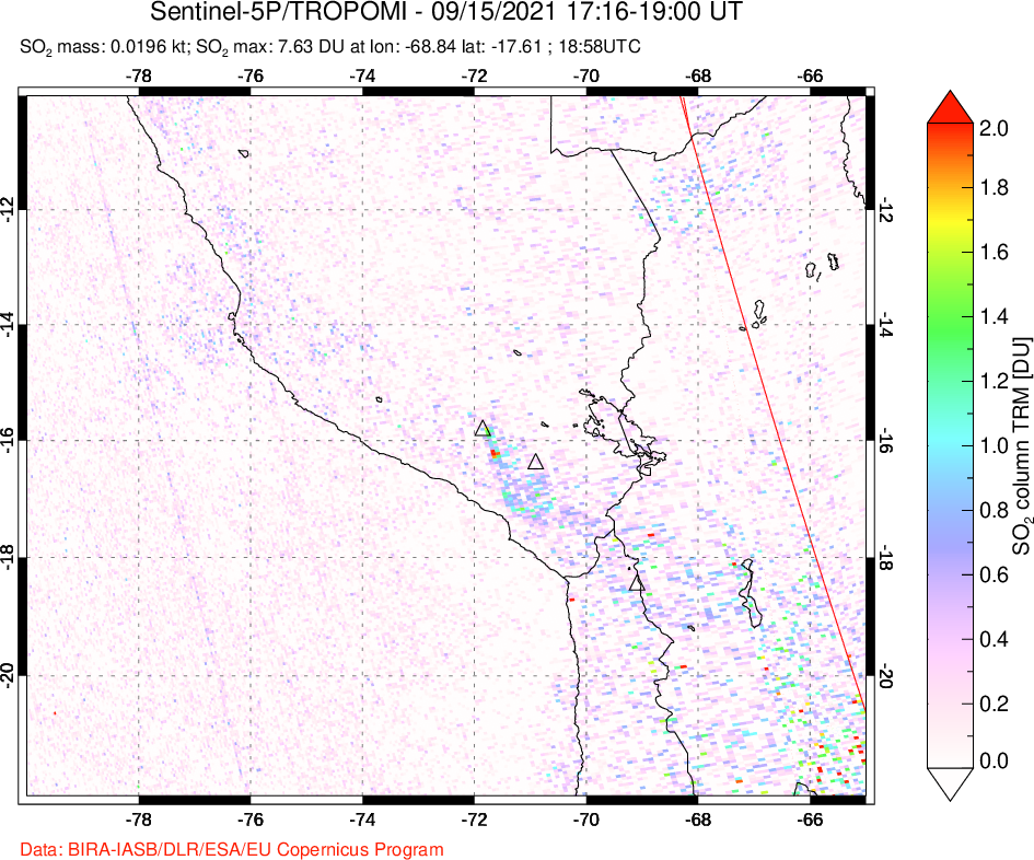 A sulfur dioxide image over Peru on Sep 15, 2021.