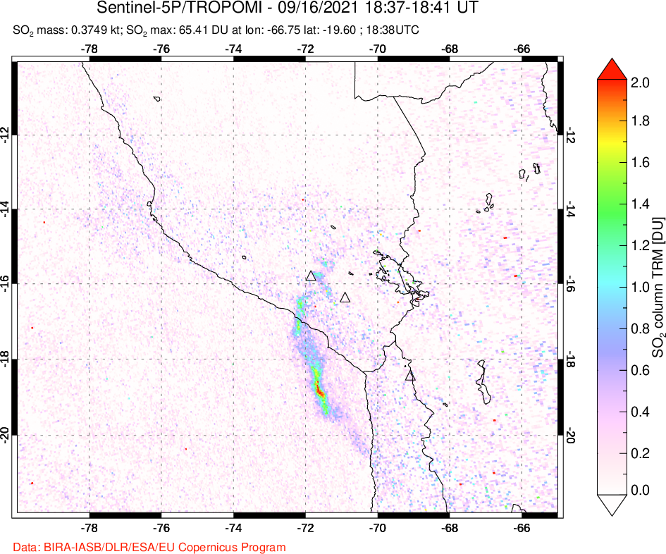 A sulfur dioxide image over Peru on Sep 16, 2021.