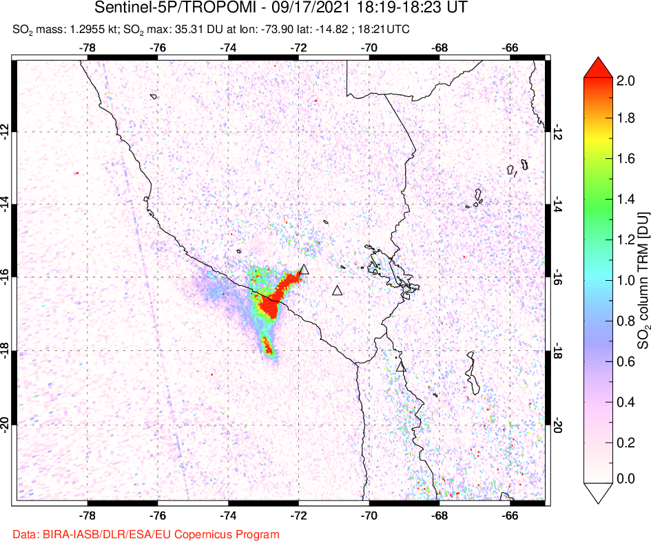 A sulfur dioxide image over Peru on Sep 17, 2021.