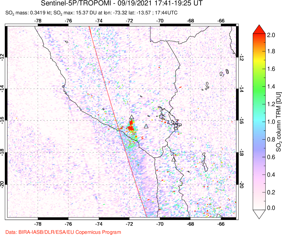 A sulfur dioxide image over Peru on Sep 19, 2021.