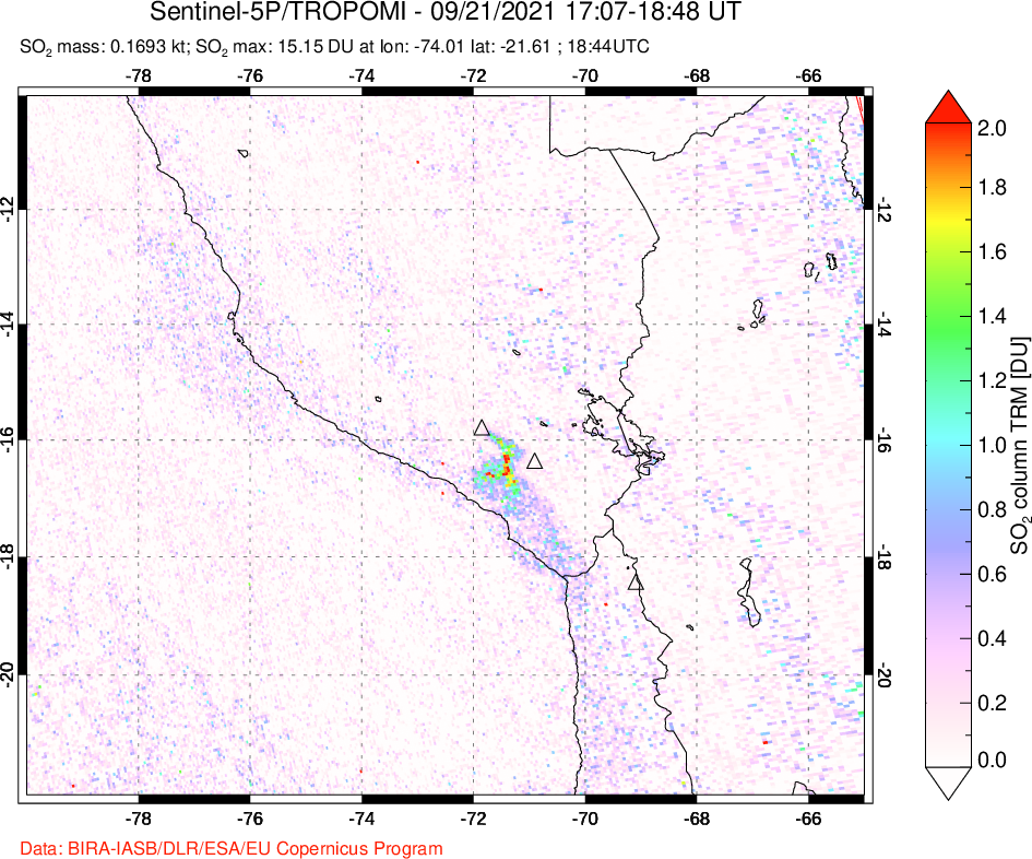 A sulfur dioxide image over Peru on Sep 21, 2021.
