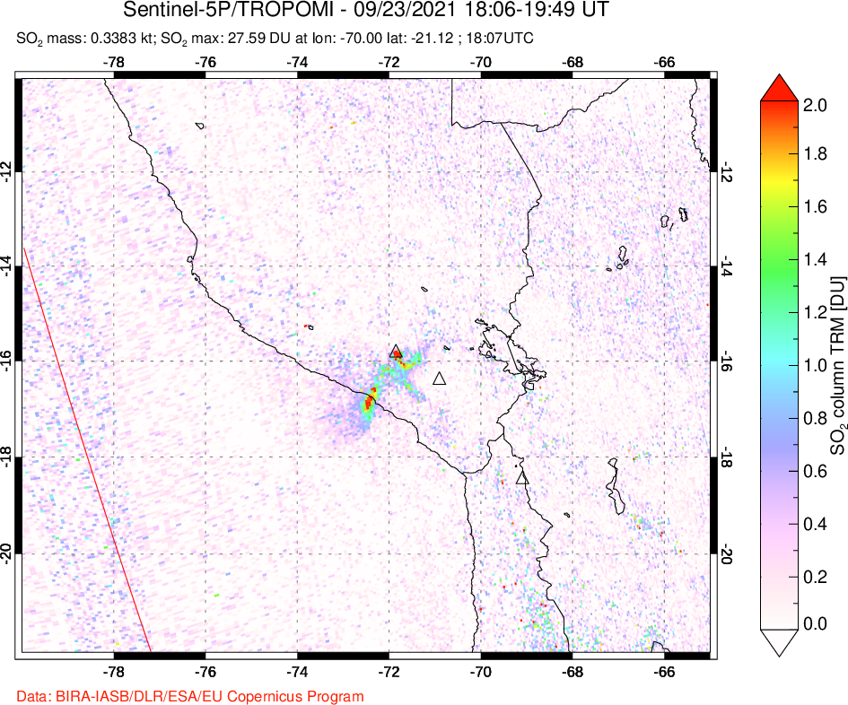 A sulfur dioxide image over Peru on Sep 23, 2021.