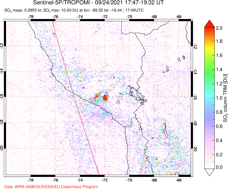 A sulfur dioxide image over Peru on Sep 24, 2021.