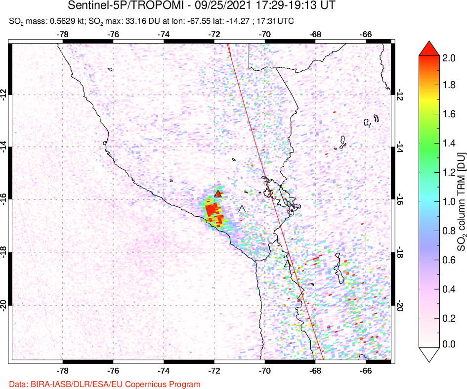 A sulfur dioxide image over Peru on Sep 25, 2021.