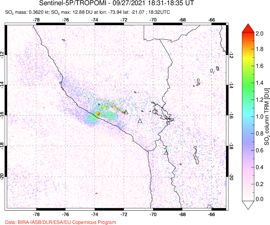 A sulfur dioxide image over Peru on Sep 27, 2021.