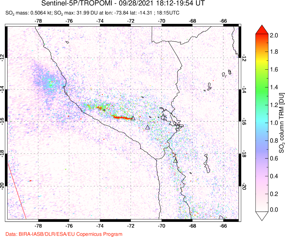 A sulfur dioxide image over Peru on Sep 28, 2021.