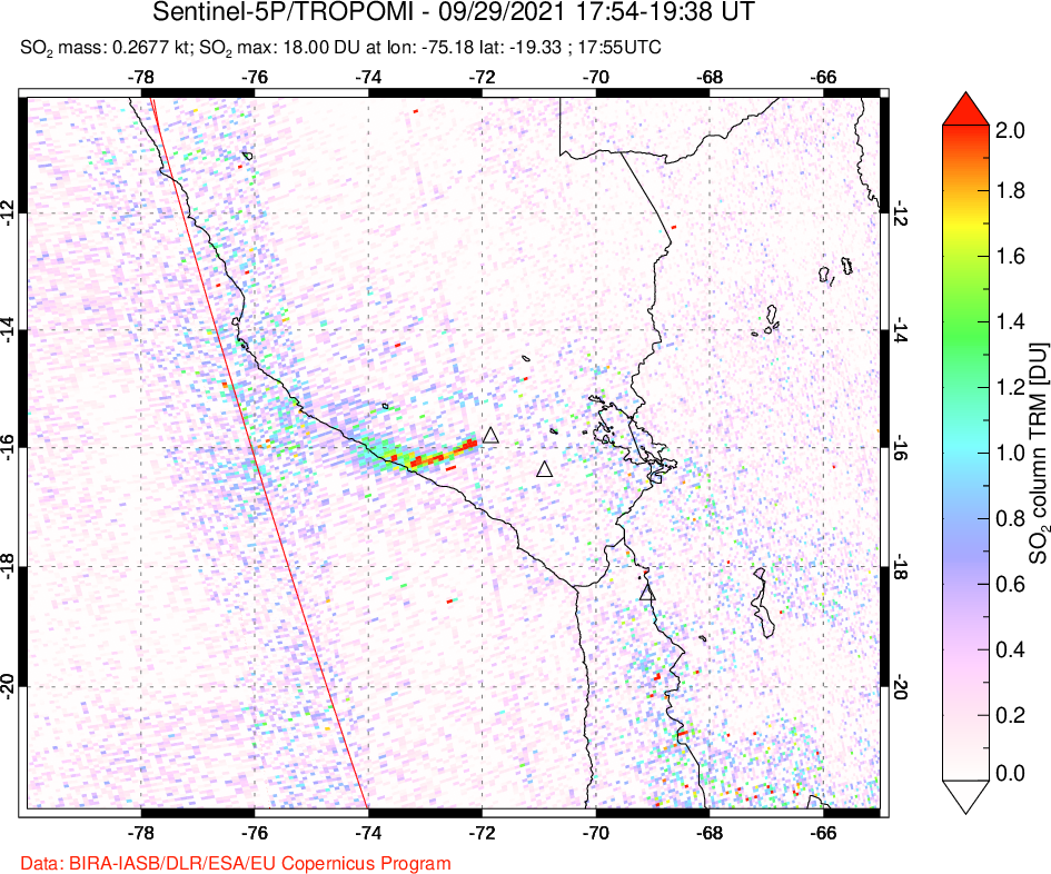 A sulfur dioxide image over Peru on Sep 29, 2021.
