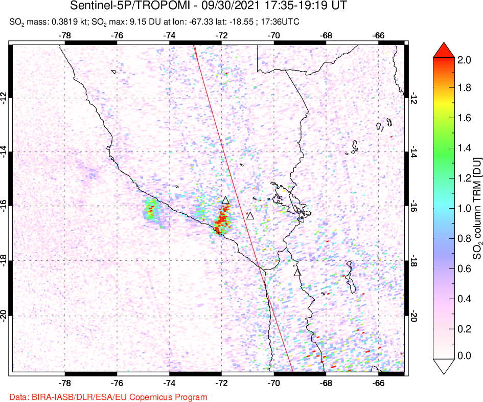 A sulfur dioxide image over Peru on Sep 30, 2021.