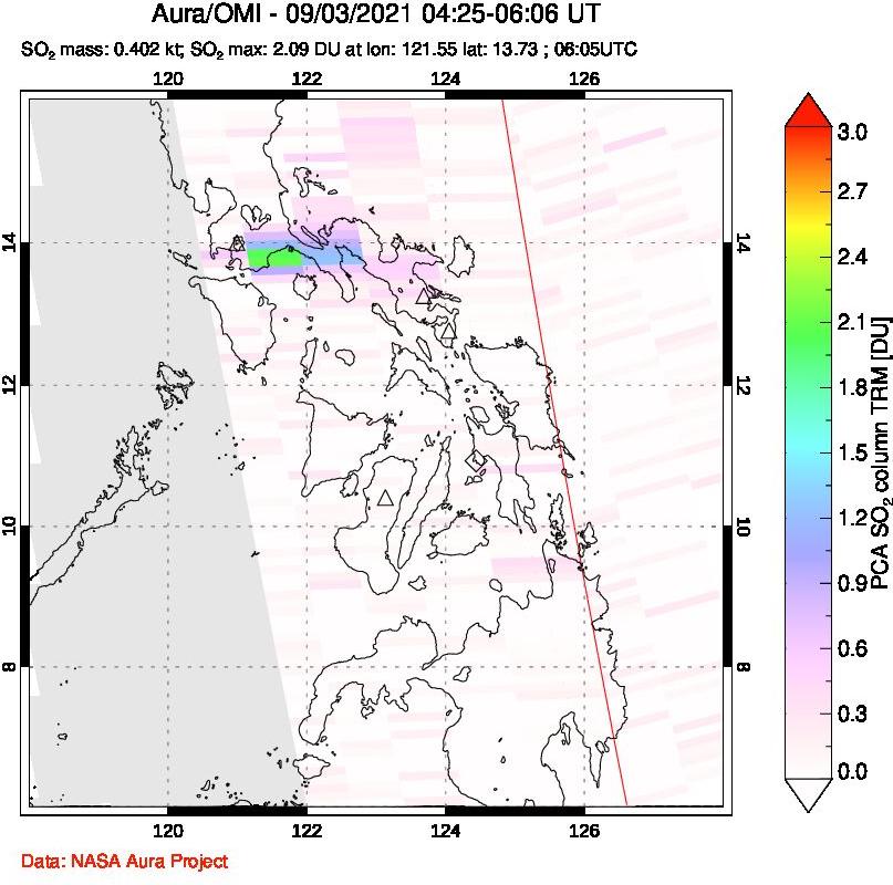 A sulfur dioxide image over Philippines on Sep 03, 2021.