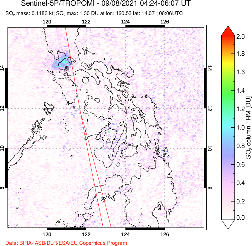 A sulfur dioxide image over Philippines on Sep 08, 2021.