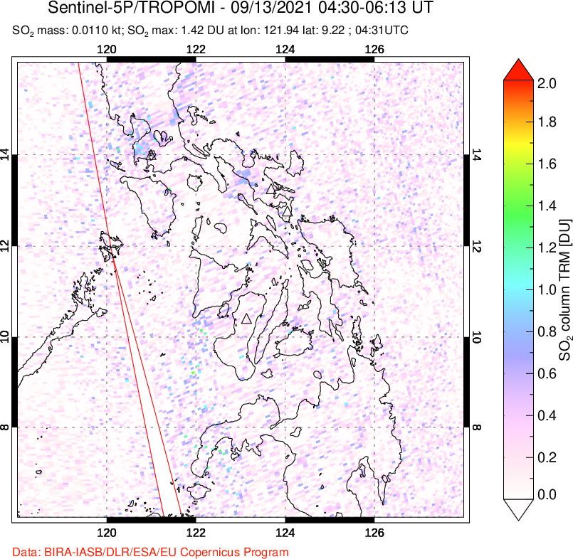 A sulfur dioxide image over Philippines on Sep 13, 2021.