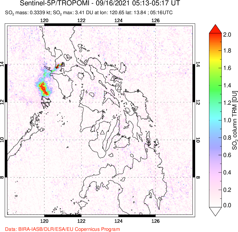 A sulfur dioxide image over Philippines on Sep 16, 2021.