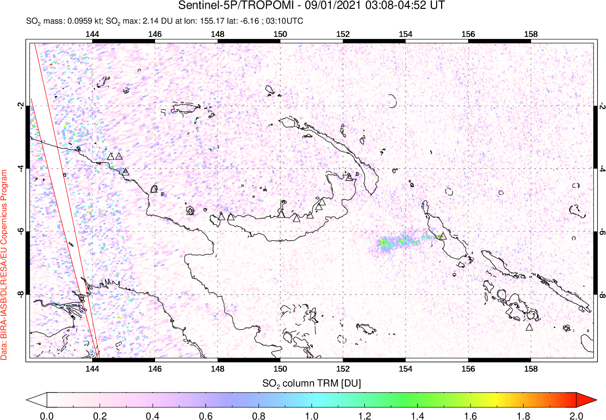 A sulfur dioxide image over Papua, New Guinea on Sep 01, 2021.