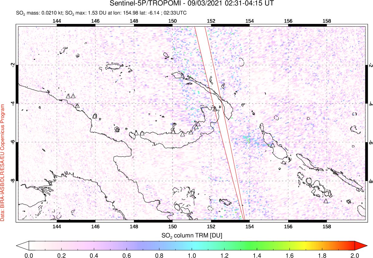 A sulfur dioxide image over Papua, New Guinea on Sep 03, 2021.