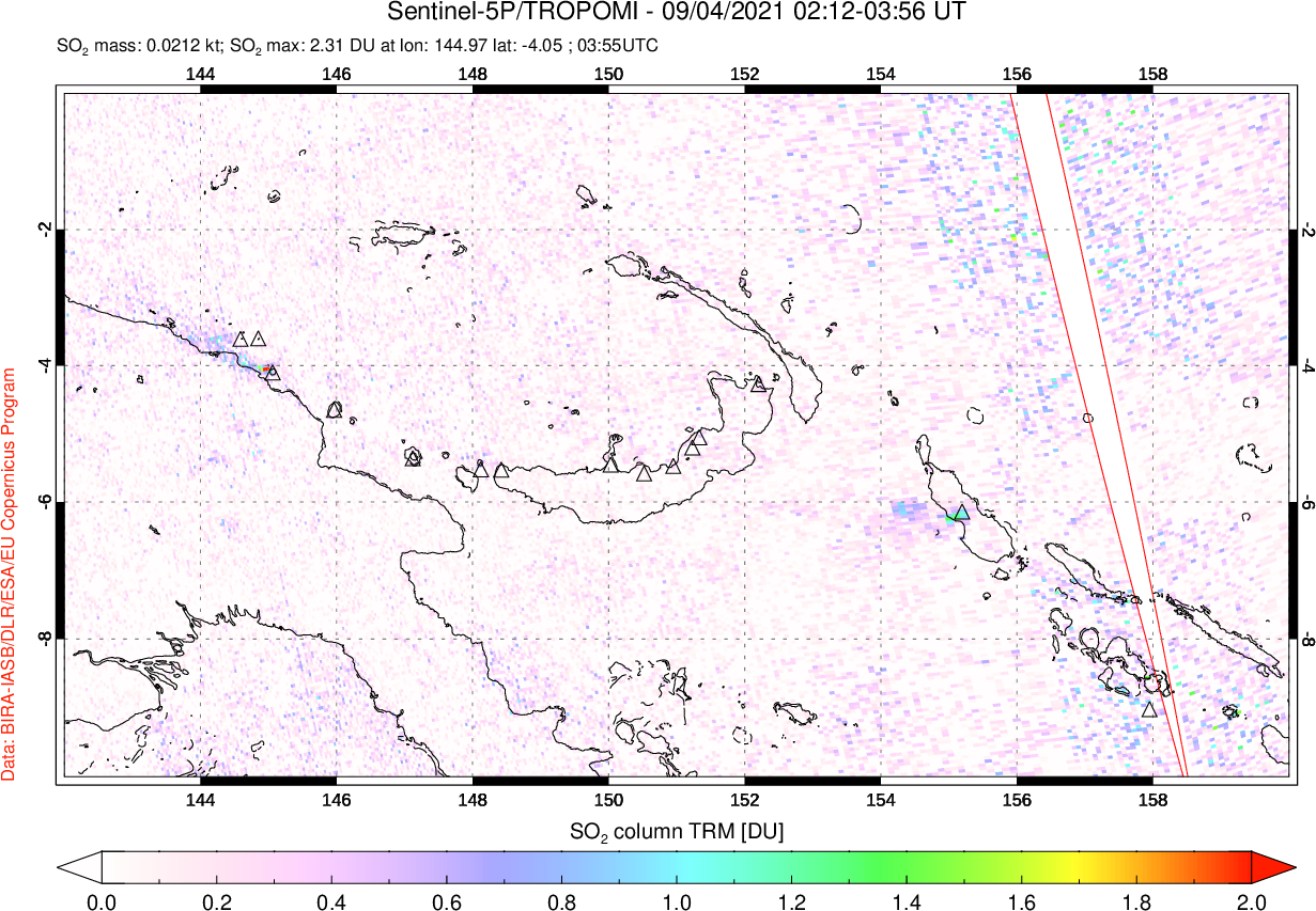 A sulfur dioxide image over Papua, New Guinea on Sep 04, 2021.