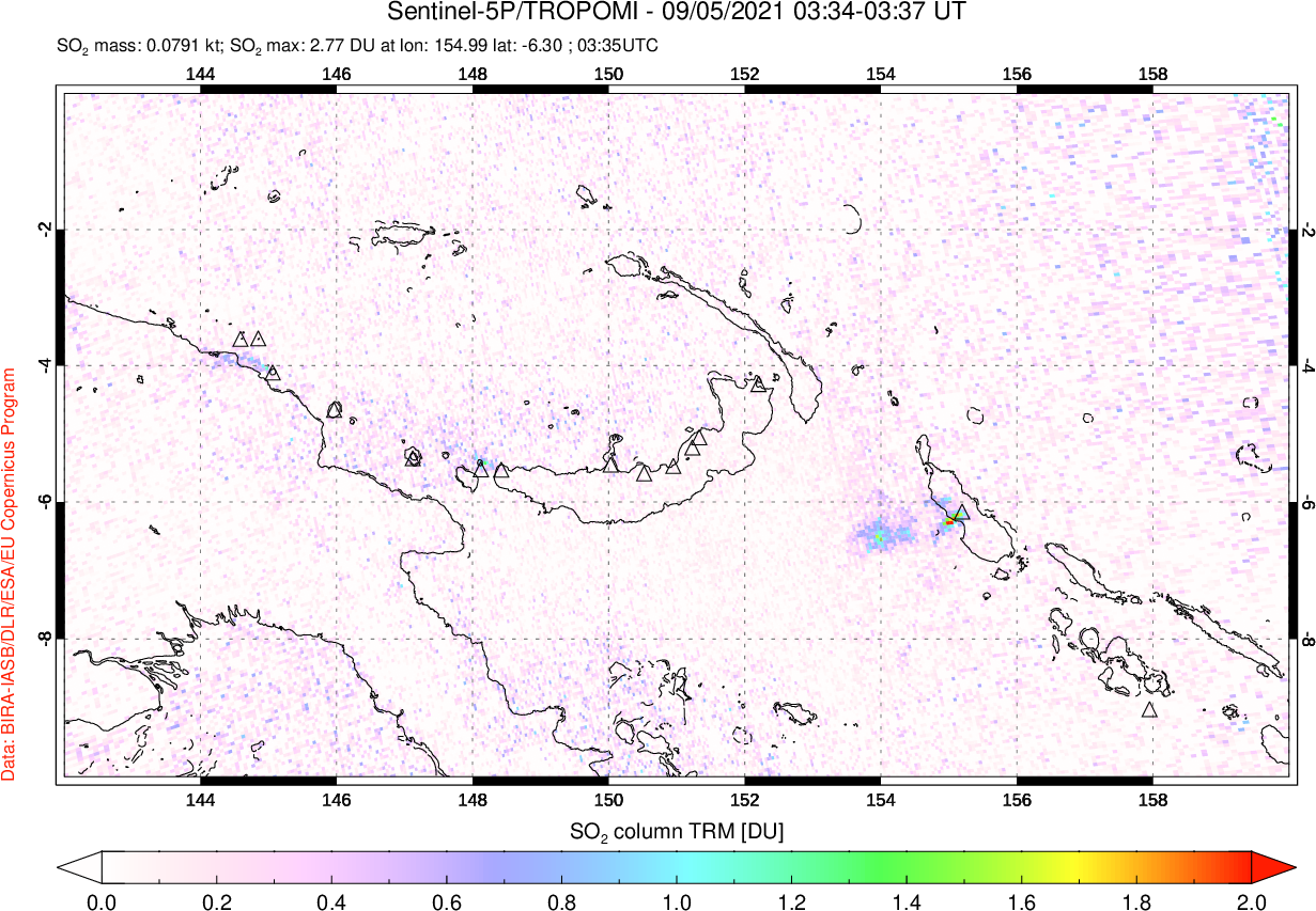 A sulfur dioxide image over Papua, New Guinea on Sep 05, 2021.