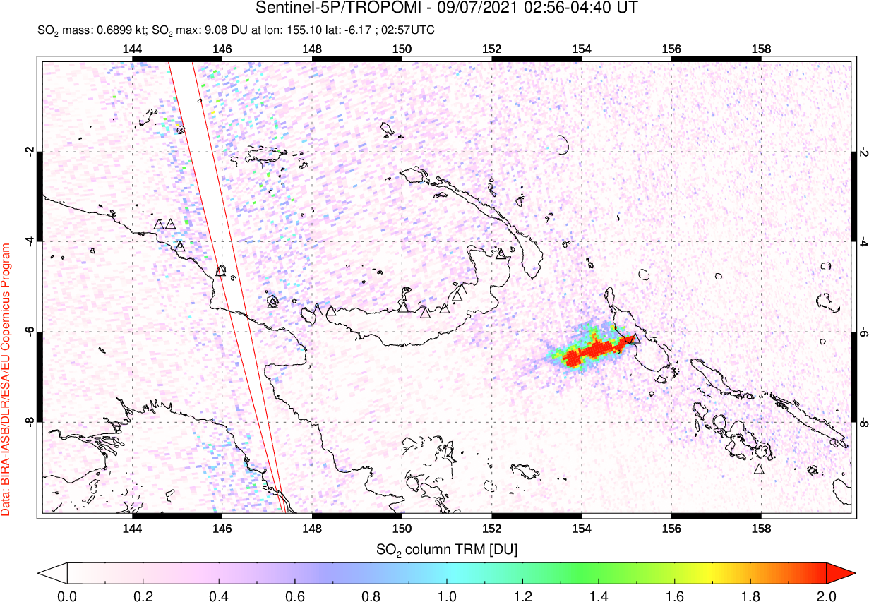 A sulfur dioxide image over Papua, New Guinea on Sep 07, 2021.