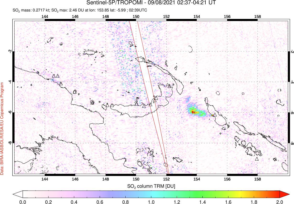 A sulfur dioxide image over Papua, New Guinea on Sep 08, 2021.