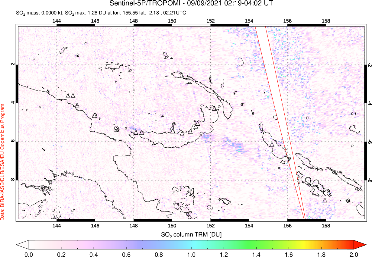 A sulfur dioxide image over Papua, New Guinea on Sep 09, 2021.