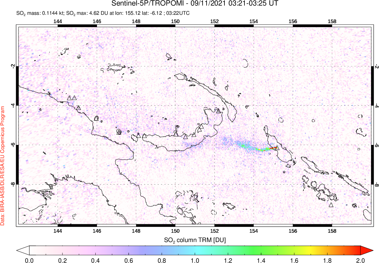 A sulfur dioxide image over Papua, New Guinea on Sep 11, 2021.
