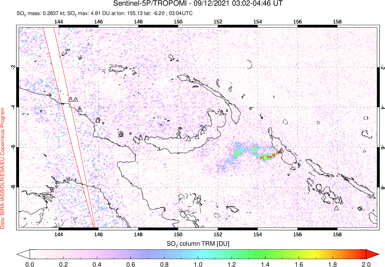 A sulfur dioxide image over Papua, New Guinea on Sep 12, 2021.