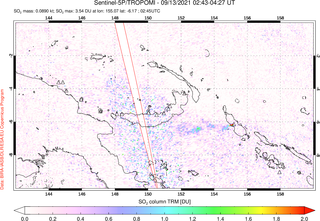 A sulfur dioxide image over Papua, New Guinea on Sep 13, 2021.