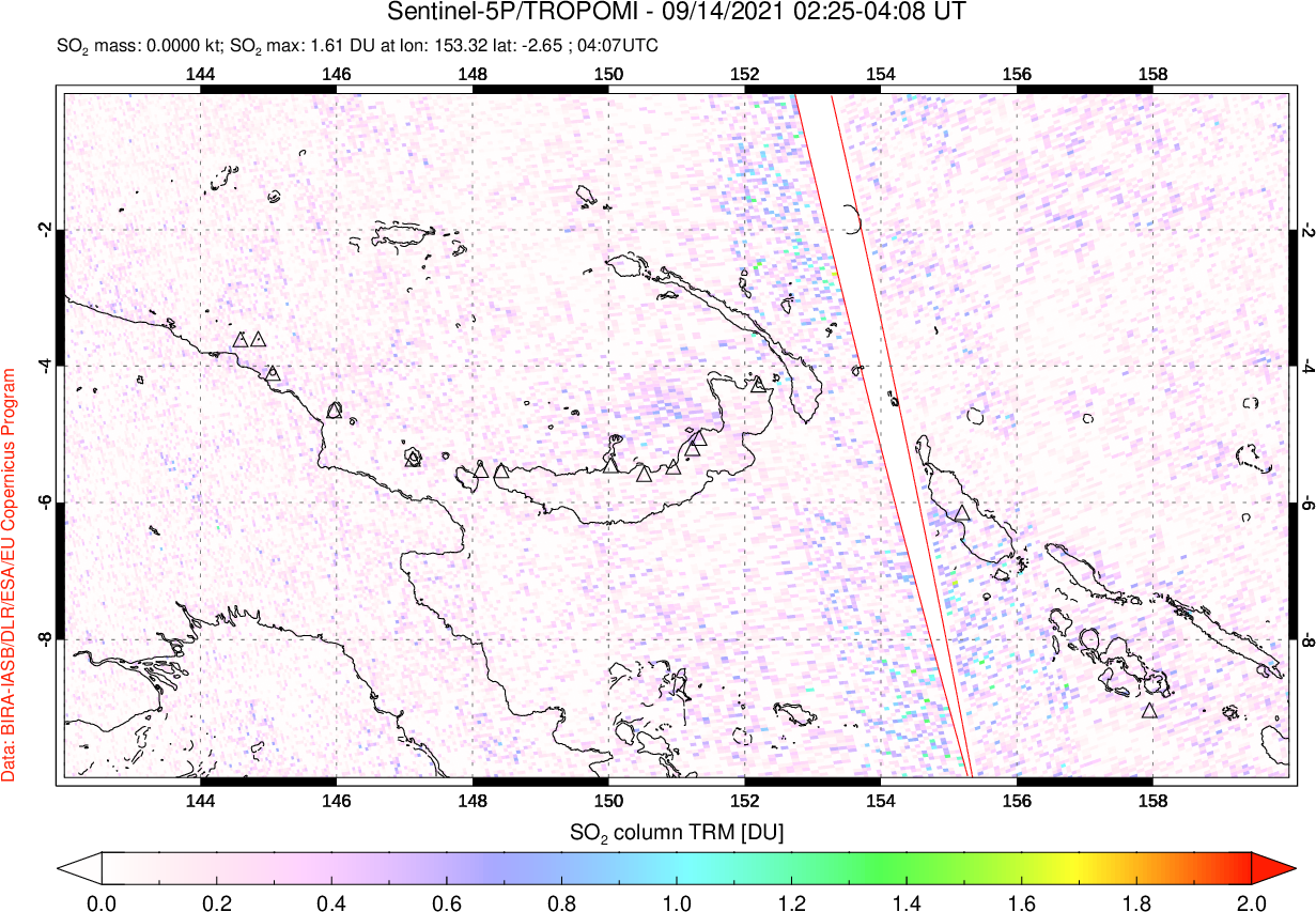 A sulfur dioxide image over Papua, New Guinea on Sep 14, 2021.