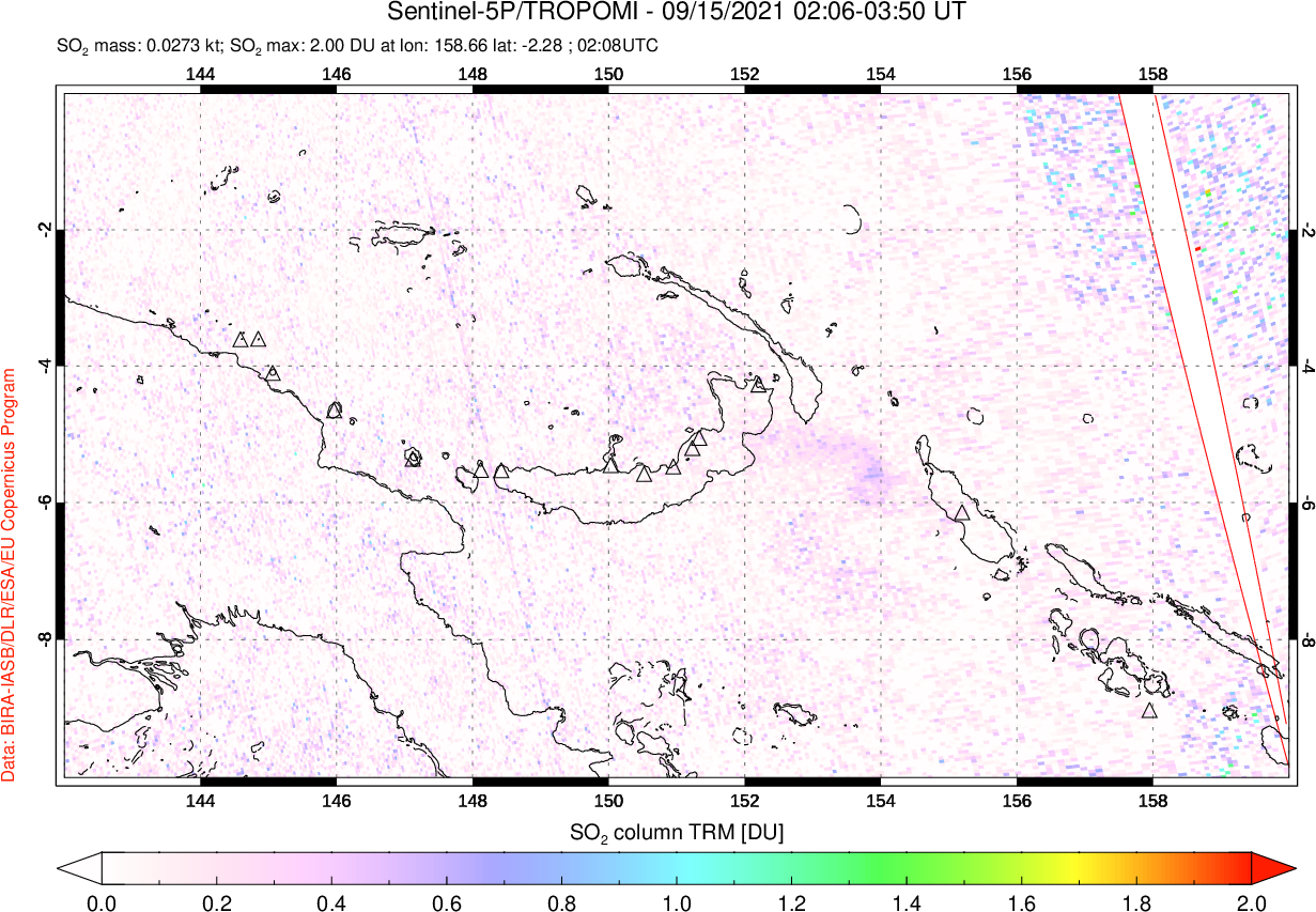 A sulfur dioxide image over Papua, New Guinea on Sep 15, 2021.