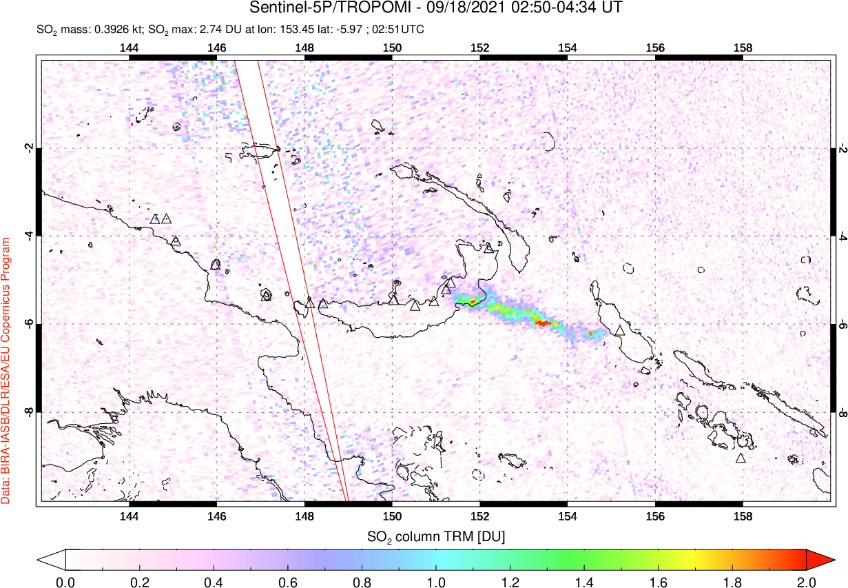 A sulfur dioxide image over Papua, New Guinea on Sep 18, 2021.